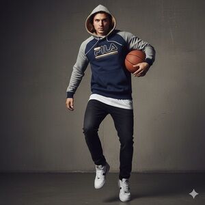 FILA Colorblock Hoodie - Navy/Grey/Tan Gold Logo Sporty Streetwear S